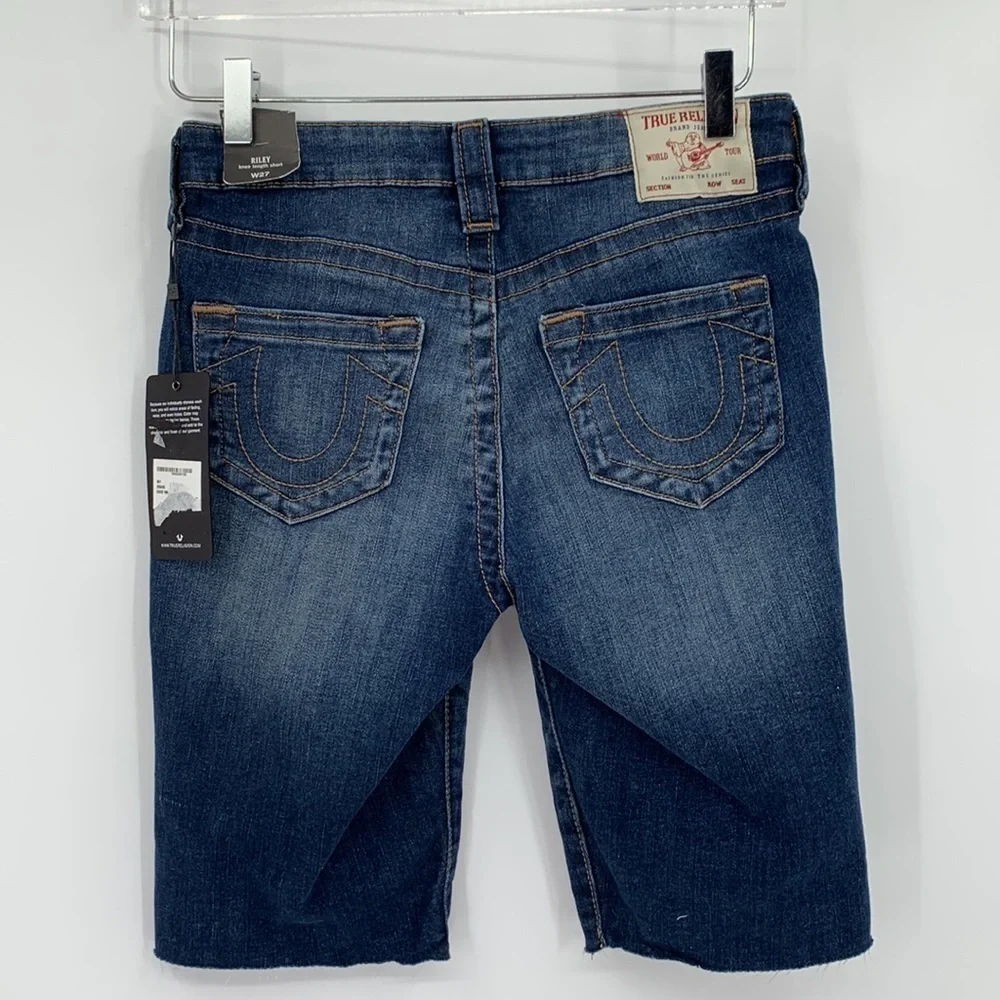 True Religion Riley knee length denim jean shorts long raw edge hem women new 27